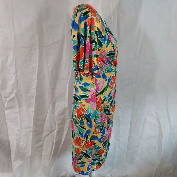 Maggy London Faux Wrap Dress Short Flutter Sleeves Womens Size 8 Colorful Floral - Picture 7 of 14